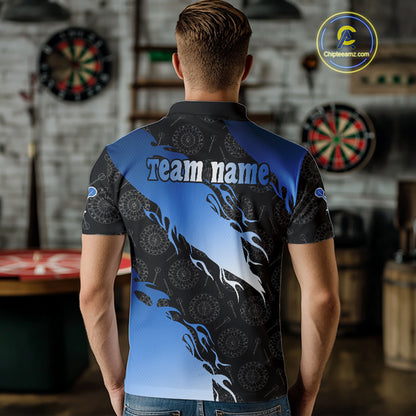 Custom Men's Darts Shirt With Cobalt Flames & Black Dartboard Pattern, Darts Jersey NYN0291