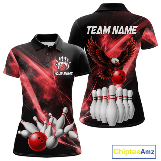 Red Smoking Bowling Polo & 1/4-Zip Shirt For Women Custom Funny Eagle Team Bowling Jersey NYN3239