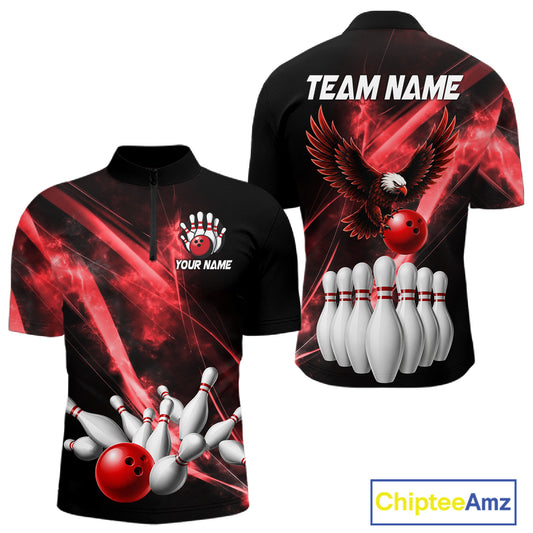 Red Smoking Bowling Polo & 1/4-Zip Shirt For Men Custom Funny Eagle Team Bowling Jersey NYN3239