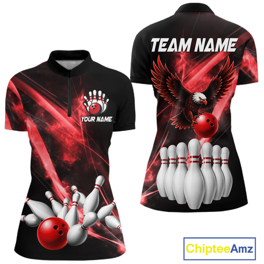Red Smoking Bowling Polo & 1/4-Zip Shirt For Women Custom Funny Eagle Team Bowling Jersey NYN3239