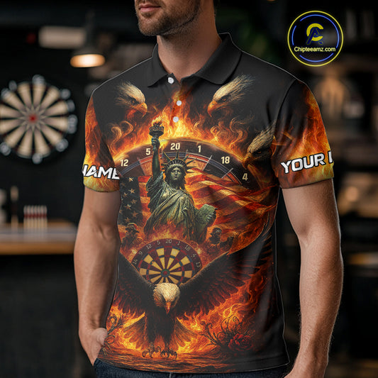 Custom Men's Darts Polo Jersey US Flag Flaming Eagle Dartboard For Darts Team NYN0770