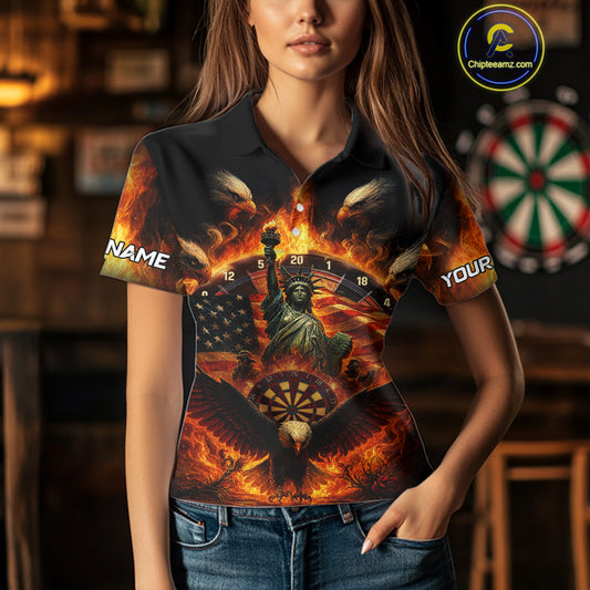 Custom Women's Darts Polo Jersey US Flag Flaming Eagle Dartboard For Darts Team NYN0770