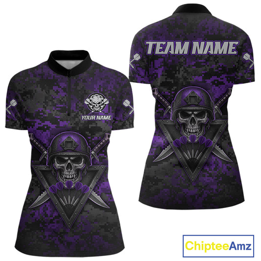 Skull Warrior Purple Digital Camo Custom Funny Darts Quarter-Zip Shirt For Women Dart Jerseys NYN1952
