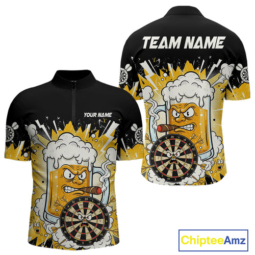 Beer Mascot Smoking Dartboard Custom Men Darts Quarter-Zip Shirt Funny Funny Dart Jerseys NYN1957