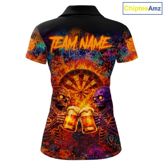 Funny Skeleton Cheer Beer Flame Women Darts Polo Shirt Custom Graffiti Dart Team Jerseys NYN2513