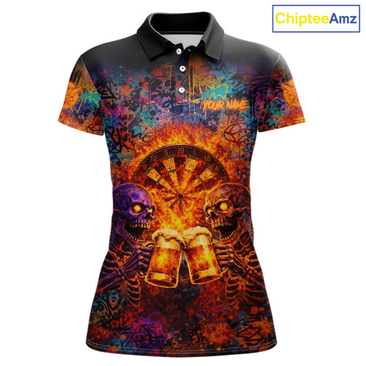 Funny Skeleton Cheer Beer Flame Women Darts Polo Shirt Custom Graffiti Dart Team Jerseys NYN2513