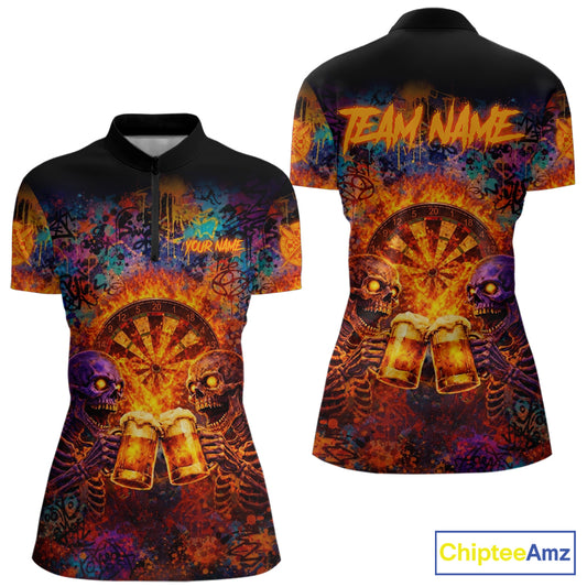 Funny Skeleton Cheer Beer Flame Women Darts Quarter-Zip Shirt Custom Graffiti Dart Team Jerseys NYN2513