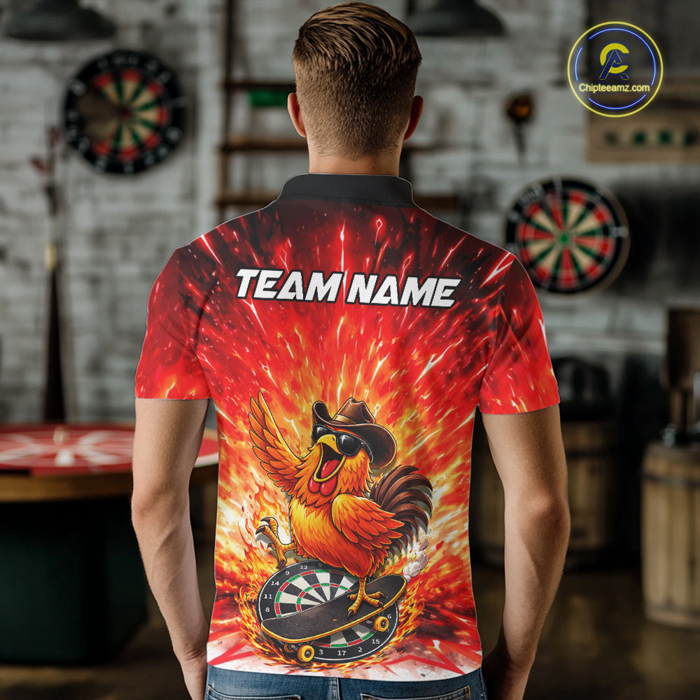 Mens Darts Funny Rooster Red Flames Polo Shirt Custom Name Polo Quarter Zip Shirt Gift For Darters NYN2857