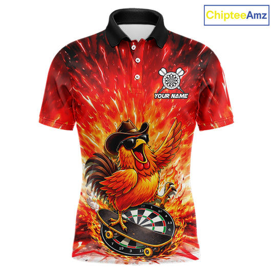 Mens Darts Funny Rooster Red Flames Polo Shirt Custom Name Polo Quarter Zip Shirt Gift For Darters NYN2857