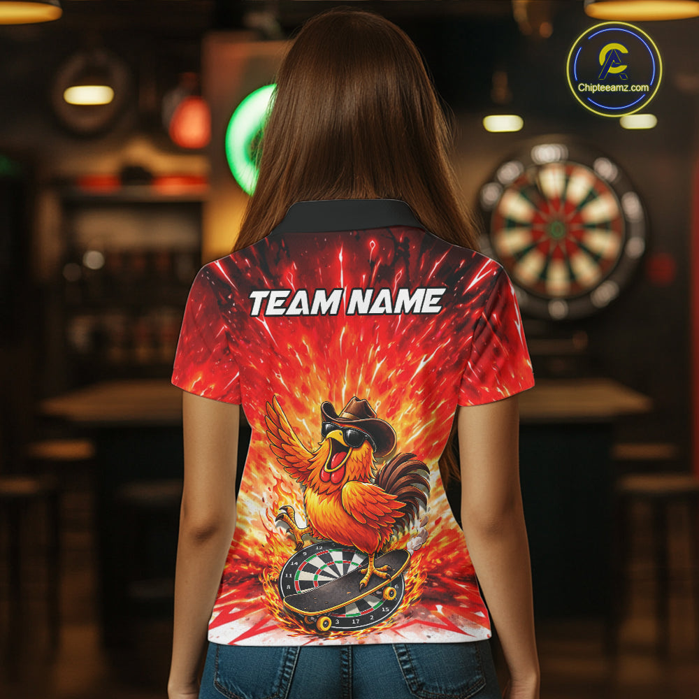 Womens Darts Funny Rooster Red Flames Polo Shirt Custom Name Polo Quarter Zip Shirt Gift For Darters NYN2857