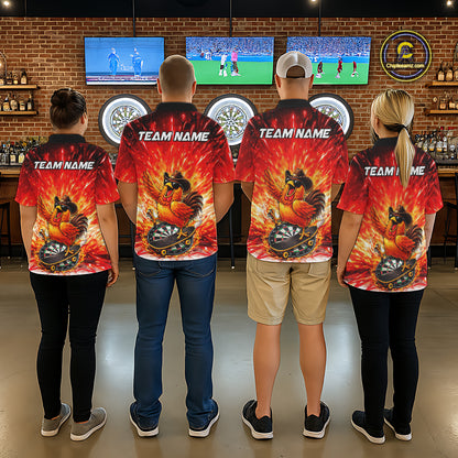 Mens Darts Funny Rooster Red Flames Polo Shirt Custom Name Polo Quarter Zip Shirt Gift For Darters NYN2857