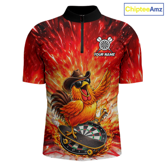 Mens Darts Funny Rooster Red Flames Polo Shirt Custom Name Polo Quarter Zip Shirt Gift For Darters NYN2857