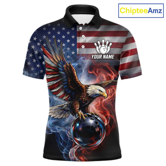 Personalized Fire Flame USA Flag Eagle Bowling Team Shirts For Men Outfits Patriotic Bowling Gifts NYN3073