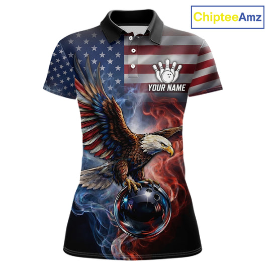Personalized Fire Flame USA Flag Eagle Bowling Team Shirts For Women Outfits Patriotic Bowling Gifts NYN3073