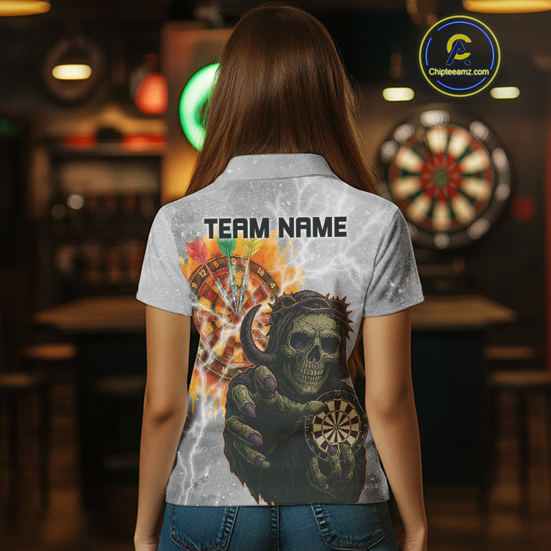 Women's Custom Darts Shirt With Death Reaper Fiery Dartboard & Lightning Effect NYN0295