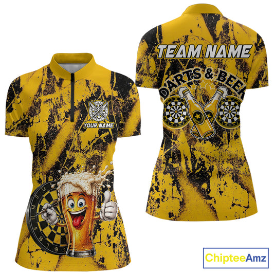 Yellow Grunge Funy Beer Darts Polo & 1/4 Zip For Women Personalized Grunge Dart Team Shirts NYN3241