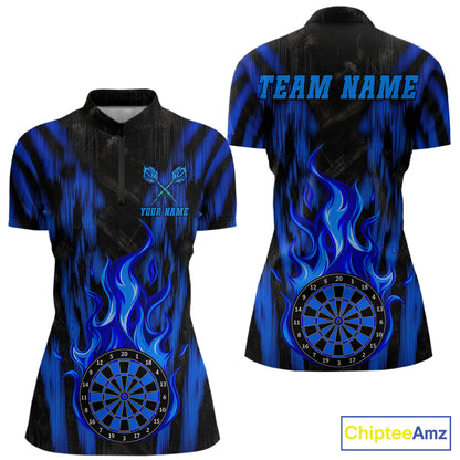 Grunge Black And Blue Flaming Dartboard Women Darts Shirt Personalized Team Darts Jersey NYN3247