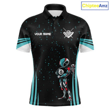 Load image into Gallery viewer, Funny Alien 8 Ball men's billiard polo shirt custom turquoise galaxy pool jersey, personalized billiards team uniform, 8 ball pool shirt, custom cue sports apparel