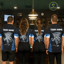 Load image into Gallery viewer, Men women billiard team wearing Funny Muscle Tornado 8 Ball custom blue pool uniforms, professional billiards team jerseys