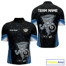 Load image into Gallery viewer, Funny Muscle Tornado 8 Ball men's quarter zip billiard shirt custom blue pool team jersey, tournament billiards apparel