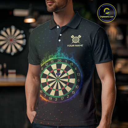 Custom Flames Skull Rainbow Dartboard Dart Men Polo Jerseys Colorful Dart Team Shirt NYN1697