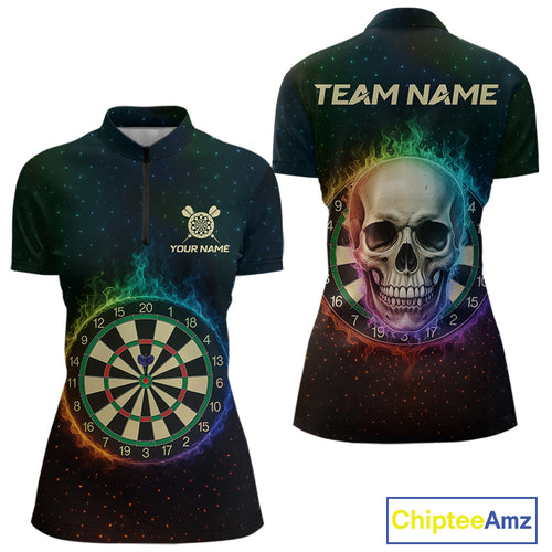 Custom Flames Skull Rainbow Dartboard Dart Women 1/4-Zip Jerseys Colorful Dart Team Shirt NYN1697