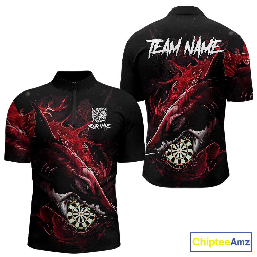 Personalized Red Horror Shark Men Darts Quarter-Zip League Shirts Funny Grunge Dart Jerseys NYN2219