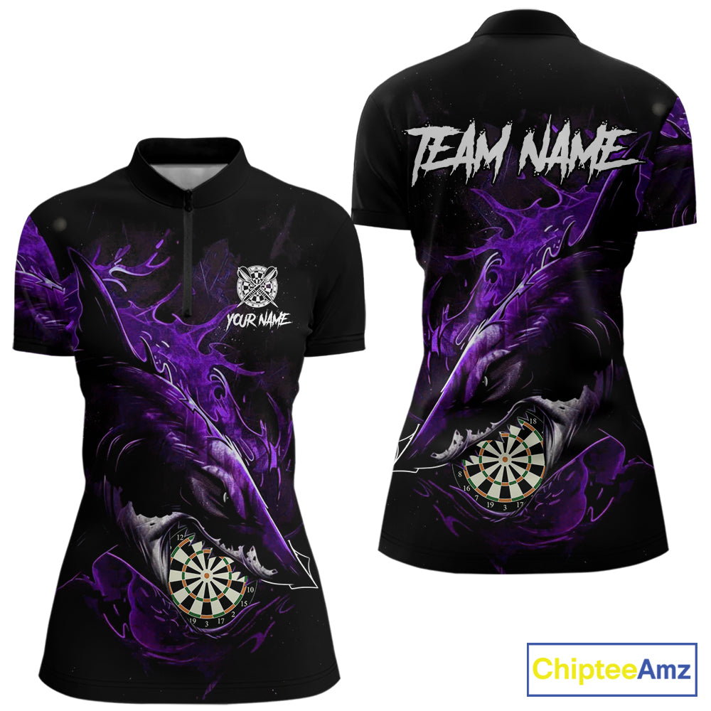 Personalized Purple Horror Shark Women Darts Quarter-Zip League Shirts Funny Grunge Dart Jerseys NYN2220
