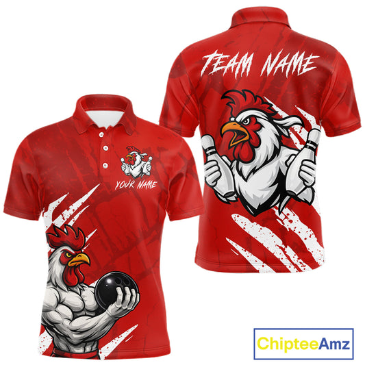 Custom White And Red Funny Rooster Bowling Polo & 1/4-Zip Team Shirts For Men Bowling Gifts NYN2721