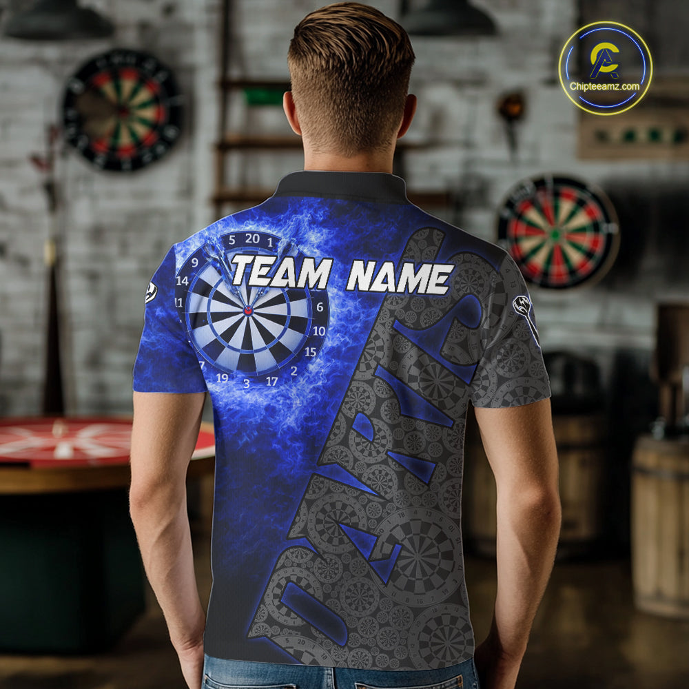 Custom Mens Dart Polo & Quarter Zip Shirt Pattern Dartboard Blue Flames Darts Team Jersey NYN2867