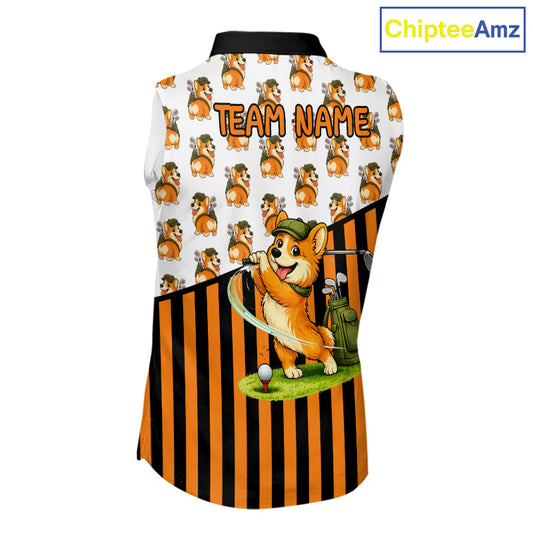 Funny Mens Cute Dog Pattern Golf Sleeveless Polo Shirt Custom Orange Golfing Dog Golf Clothes Attire NYN2874
