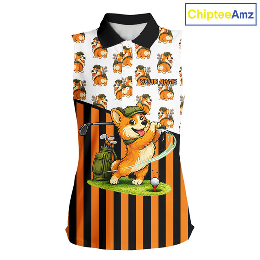 Funny Mens Cute Dog Pattern Golf Sleeveless Polo Shirt Custom Orange Golfing Dog Golf Clothes Attire NYN2874