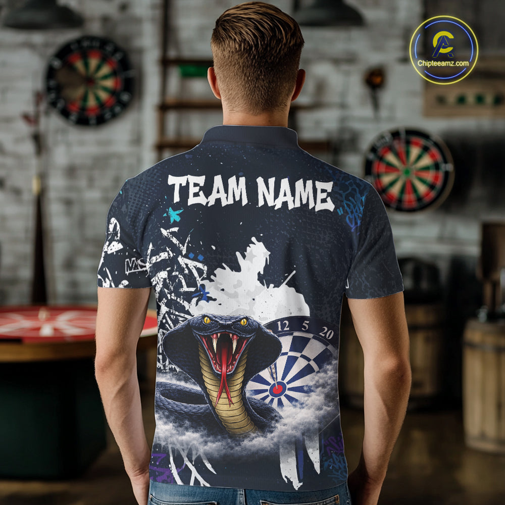 Funny Blue Smoke Cobra Men Darts Polo & Quarter-Zip Shirt Custom Graffiti Dart Team Jerseys NYN3078
