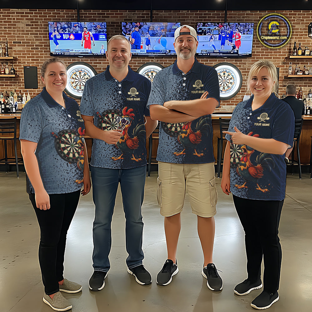 Blue Hexagon Splatter Funny Rooster Darts Polo & 1/4-Zip Shirt Custom Dart Jersey For Men NYN3082