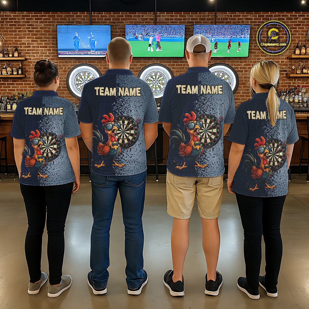 Blue Hexagon Splatter Funny Rooster Darts Polo & 1/4-Zip Shirt Custom Dart Jersey For Men NYN3082