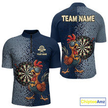 Load image into Gallery viewer, Blue Hexagon Splatter Funny Rooster Darts Polo &amp; 1/4-Zip Shirt Custom Dart Jersey For Men NYN3082