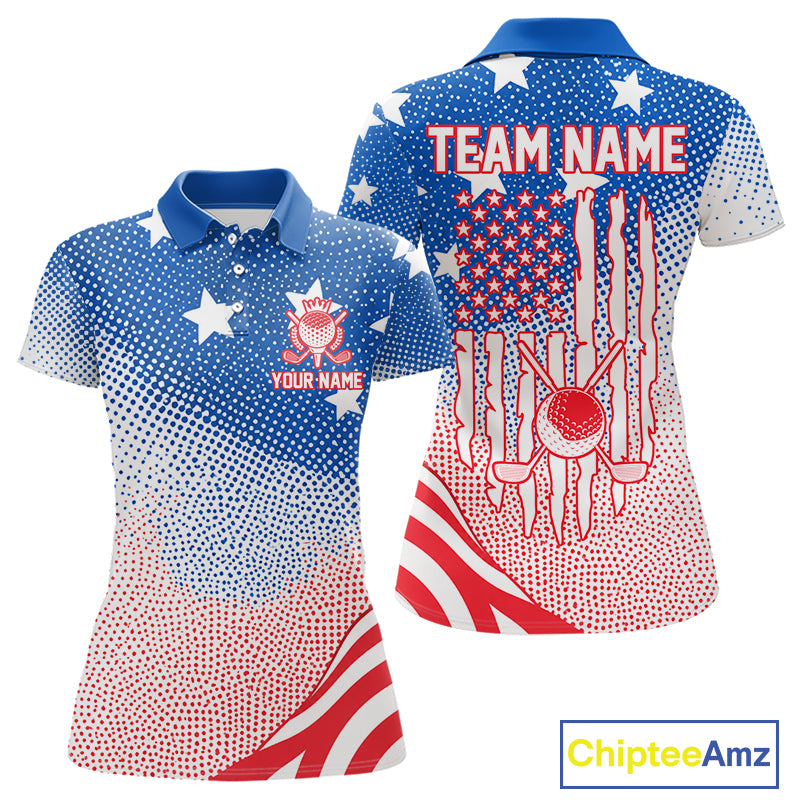 Red, Blue And White American Flag Golf Polo Shirts For Women Custom Patriot Golf Team Tournament NYN3255