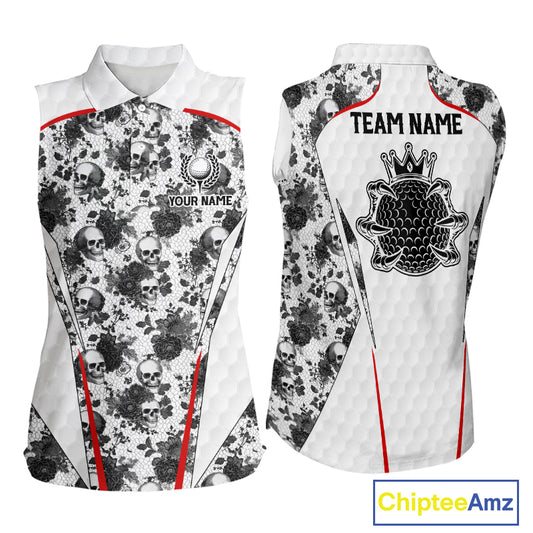 Black And White Skull Roses Golf Sleeveless Polo Shirts For Women Custom Golf Team Attire For Golfers NYN3256