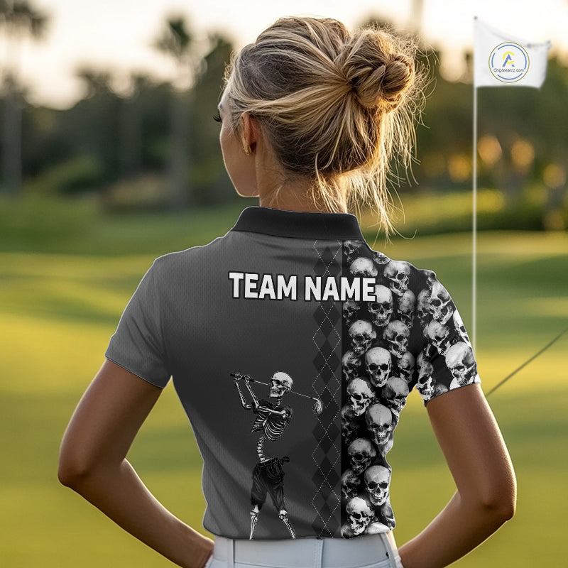 Women's model wearing Grey Skeleton Golf Polo Shirt, oversized skull golf apparel, Halloween golf fashion, matching golf team outfit, personalized golf clothing.