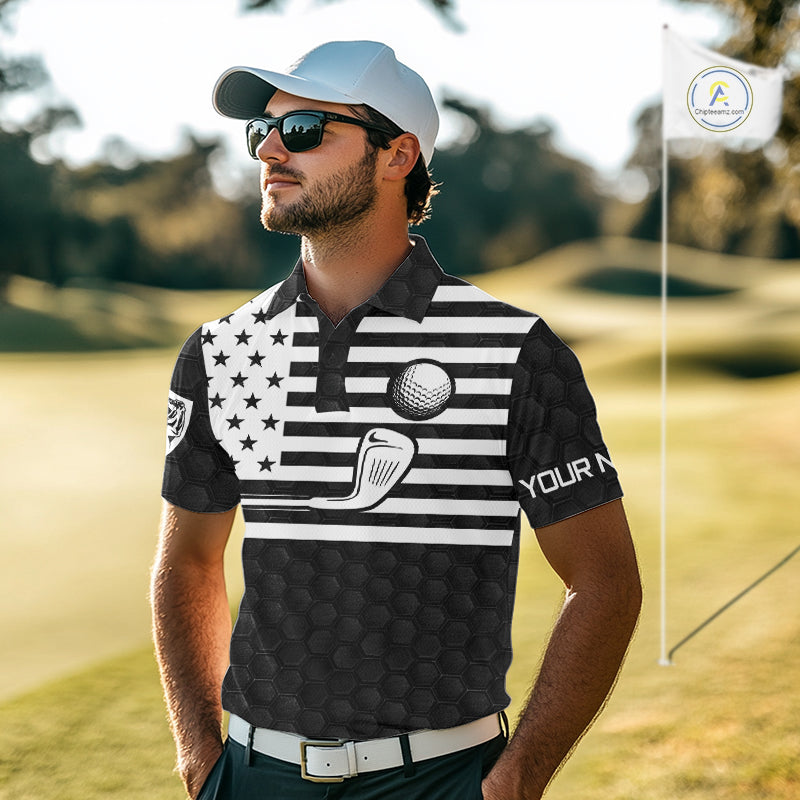 Men's model wearing Skull US Flag Golf Polo Shirt, patriotic golf apparel, veteran golf clothing, custom golf team shirt, American flag sportswear, golf tournament outfit.