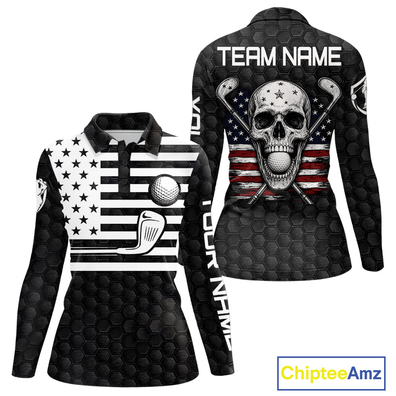 Black and White Skull US Flag Women's Golf Polo Shirt mockup featuring patriotic skull design, personalized women's golf apparel, American flag golf polo, custom golf team shirt, Memorial Day and Independence Day golf clothing.