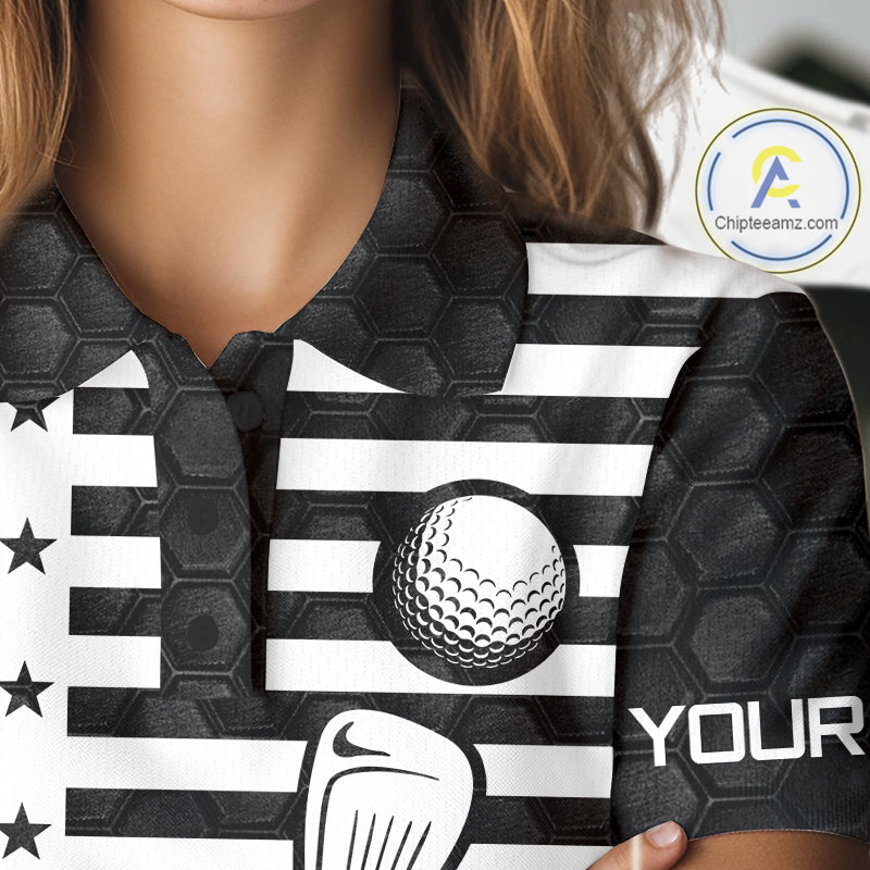 Women's model wearing Skull US Flag Golf Polo Shirt, patriotic golf fashion, oversized golf apparel, matching couple golf outfit, USA golf clothing.