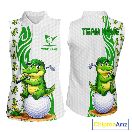 Funny Alligator Sleeveless Golf Polo Shirt mockup featuring alligator mascot, personalized golf polo, wildlife golf apparel, custom golf team uniform, Florida golf shirt, funny animal golf clothing, performance sportswear.