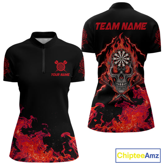 Custom Red Flames Skull Dart Arrow Dart Women Quarter-Zip Jerseys Flame Dart Team Shirt NYN1707