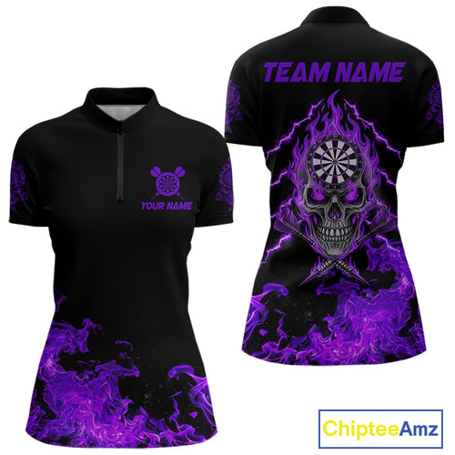 Custom Purple Flames Skull Dart Arrow Dart Women Quarter-Zip Jerseys Flame Dart Team Shirt NYN1708