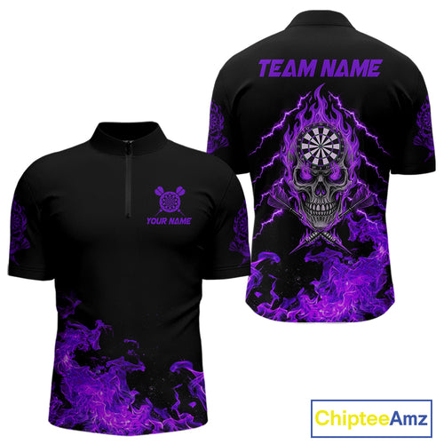 Custom Purple Flames Skull Dart Arrow Dart Men Quarter-Zip Jerseys Flame Dart Team Shirt NYN1708