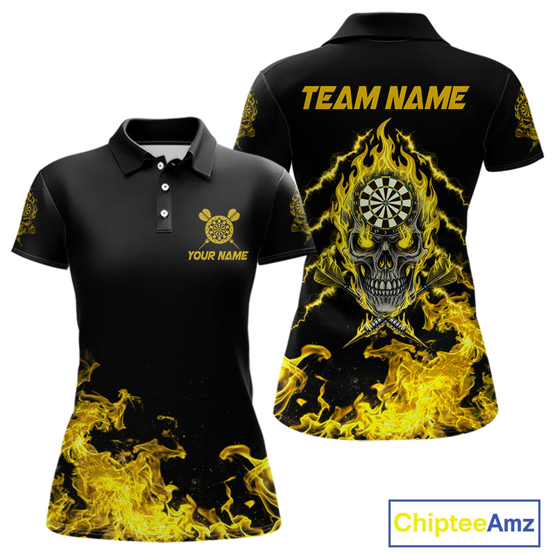 Custom Yellow Flames Skull Dart Arrow Women Men Polo Jerseys Flame Dart Team Shirt NYN1709