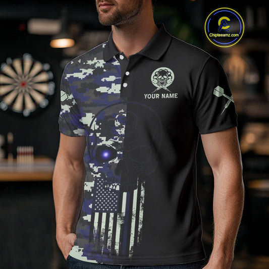 Black And Blue US Flag Digital Camo Skull Custom Men Darts Polo Shirt Dart Gifts NYN1985