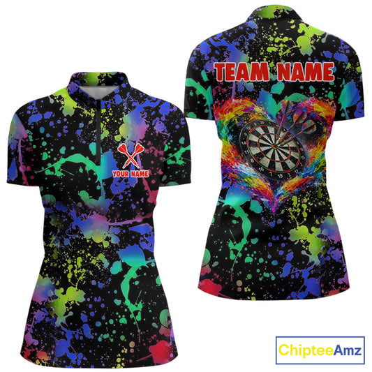 Heart Colorful Splatter Dartboard Women Darts Quarter-Zip Shirt Custom Valentine Dart Couple Jerseys NYN2526