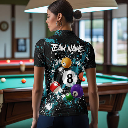 Black And Teal 8 Ball Pool Women Billiard Shirt Personalized Splatter Paint Billiard Jersey For Pooler NYN3088